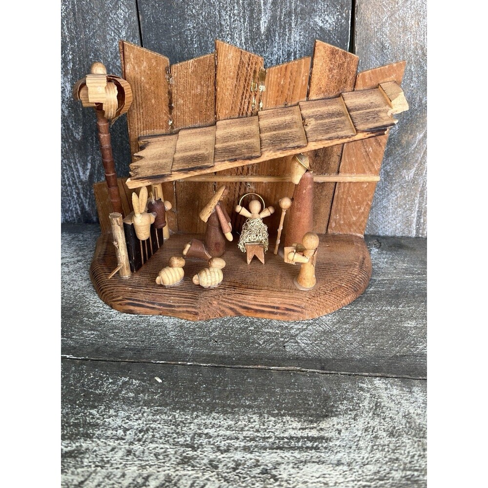 Mid Century Modern Style Primitive Vintage Hand Made Wood Nativity Scene